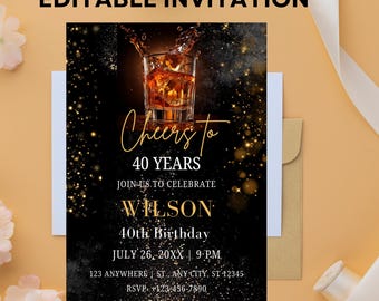Whiskey Birthday Invitation: Editable Scotch & Cognac Party Invite (Canva Template)