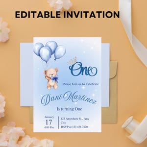 Beary First Birthday Invitation, Bear Birthday Invite, Teddy Bear First Birthday, 1st Birthday Boy, Beary 1st Birthday Party Invite Blue