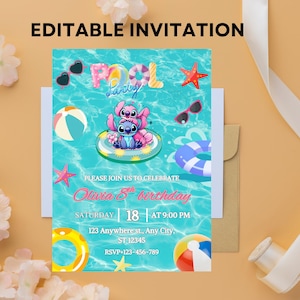 Invito di compleanno per ragazza con Stitch Pool Party, invito modificabile con Stitch e Angel Pool, invito per festa hawaiana, invito di compleanno per ragazza