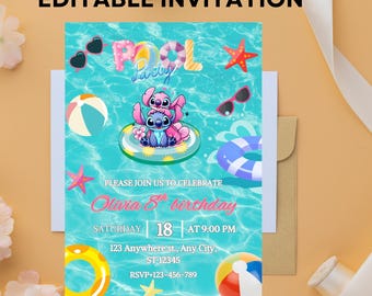Invitación de cumpleaños de Stitch para fiesta en la piscina: Hawái (descarga digital)