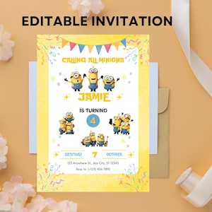 Puede incluir: Una invitaci&oacute;n de cumplea&ntilde;os de Minion amarilla y azul con un fondo amarillo y confeti de colores. La invitaci&oacute;n dice "Calling all Minions" y presenta un grupo de Minions. La invitaci&oacute;n es para la fiesta de cumplea&ntilde;os de Jamie, que cumple 4 a&ntilde;os. La fiesta es el s&aacute;bado 7 de octubre. La direcci&oacute;n es 123 Anywhere St., Any City, ST 12345. El n&uacute;mero de RSVP es (+123) 456 7890.