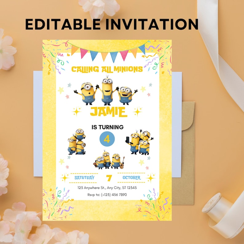 Puede incluir: Una invitaci&oacute;n de cumplea&ntilde;os de Minion amarilla y azul con un fondo amarillo y confeti de colores. La invitaci&oacute;n dice "Calling all Minions" y presenta un grupo de Minions. La invitaci&oacute;n es para la fiesta de cumplea&ntilde;os de Jamie, que cumple 4 a&ntilde;os. La fiesta es el s&aacute;bado 7 de octubre. La direcci&oacute;n es 123 Anywhere St., Any City, ST 12345. El n&uacute;mero de RSVP es (+123) 456 7890.