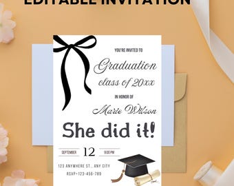 Black Bow Graduation Party Invitation Template: Minimalist Grad Announcement (Editable Canva File)