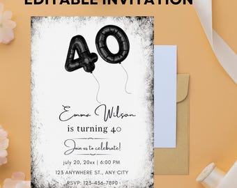 Elegant 40th Birthday Invitation Template: Editable Canva Design (Digital Download 5x7in PDF)