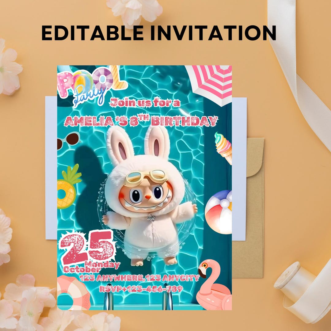 Labubu Poo Labubu Birthday Invitation: Pink Pool Party Template (canva Editable ...