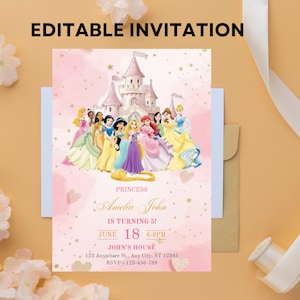 Invitation de fête d'anniversaire magique princesse royale aquarelle, modèle numérique modifiable, téléchargement immédiat, invitation de fête d'anniversaire de fille, toile