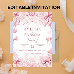 Pink Bow Invitation - Coquette Birthday Girl Invite | Editable & Printable Invitation Template | Digital Download for Girl Birthday Party