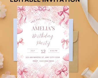 Pink Bow Birthday Invitation: Editable Coquette Party Invite (Digital Download)