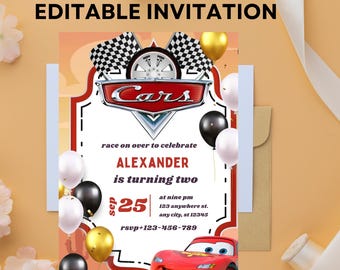 Invitación de cumpleaños de Rayo McQueen: temática de Cars, plantilla editable de Canva (descarga digital)
