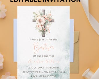 Vintage Floral Baptism Invitation Girl: Dusty Pink Christening Template (Digital Download)