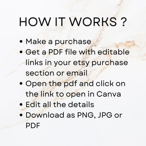 Puede incluir: C&oacute;mo funciona: Realiza una compra, obt&eacute;n un archivo PDF con enlaces editables para abrir en Canva, edita los detalles y descarga como PNG, JPG o PDF.