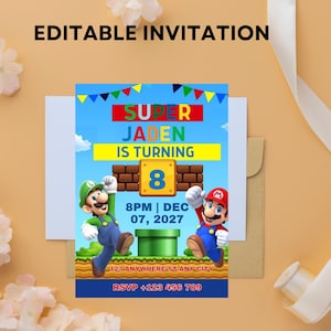 Editable Super Mario Invitation, Mario Bros Birthday Invitation, Printable Birthday Party Invitations, Digital Bday Party Invite Template