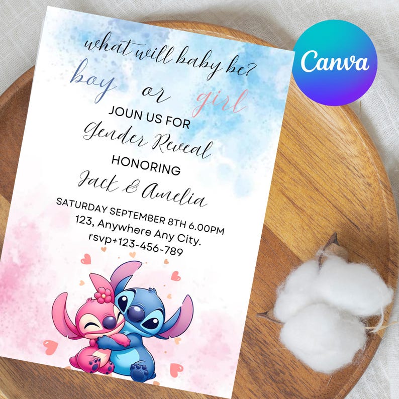 May include: A gender reveal party invitation with a blue and pink watercolor background. The invitation features a cartoon image of Stitch and Angel from the Disney movie Lilo & Stitch. The text on the invitation reads "what will baby be? boy or girl" and "Join us for Gender Reveal Honoring Jack & Amelia Saturday September 8th 6:00pm 123, Anywhere Any City. rsvp+123-456-789".