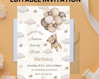 Teddy Bear First Birthday Invitation Template (Digital Download)