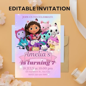 Modèle modifiable d'invitation d'anniversaire Gabbys Dollhouse, invitations de fête d'anniversaire imprimables, invitation numérique de fête d'anniversaire, carte d'anniversaire d'invitation