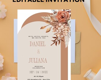 Burgundy Wildflower Wedding Invitation: Rustic Autumn Floral (Editable Printable Template)