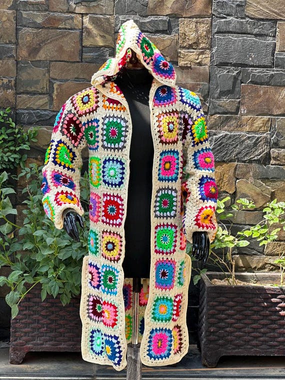 手編みカーディガン F 3 グラニースクエアロングコート グラニースクエア カーディガン モチーフ