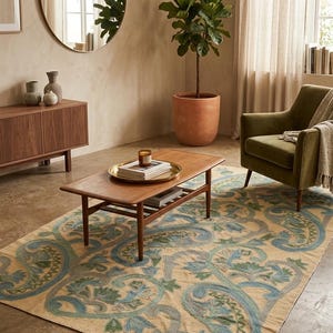 Könnte beinhalten: Wohnzimmer mit beigefarbenem Teppich mit blau-grünem Blumenmuster. Ein Holztisch trägt ein Tablett mit Büchern und einer Kerze. Ein olivgrüner Sessel und eine große Topfpflanze schaffen eine gemütliche Atmosphäre.