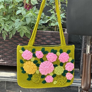 Handmade Crochet Handbag, Shoulder Bag 3D Floral, Embroidery Bag Perfect For Occasion, Tote Bags, Hand Knitted Bags, Handmade Purse,