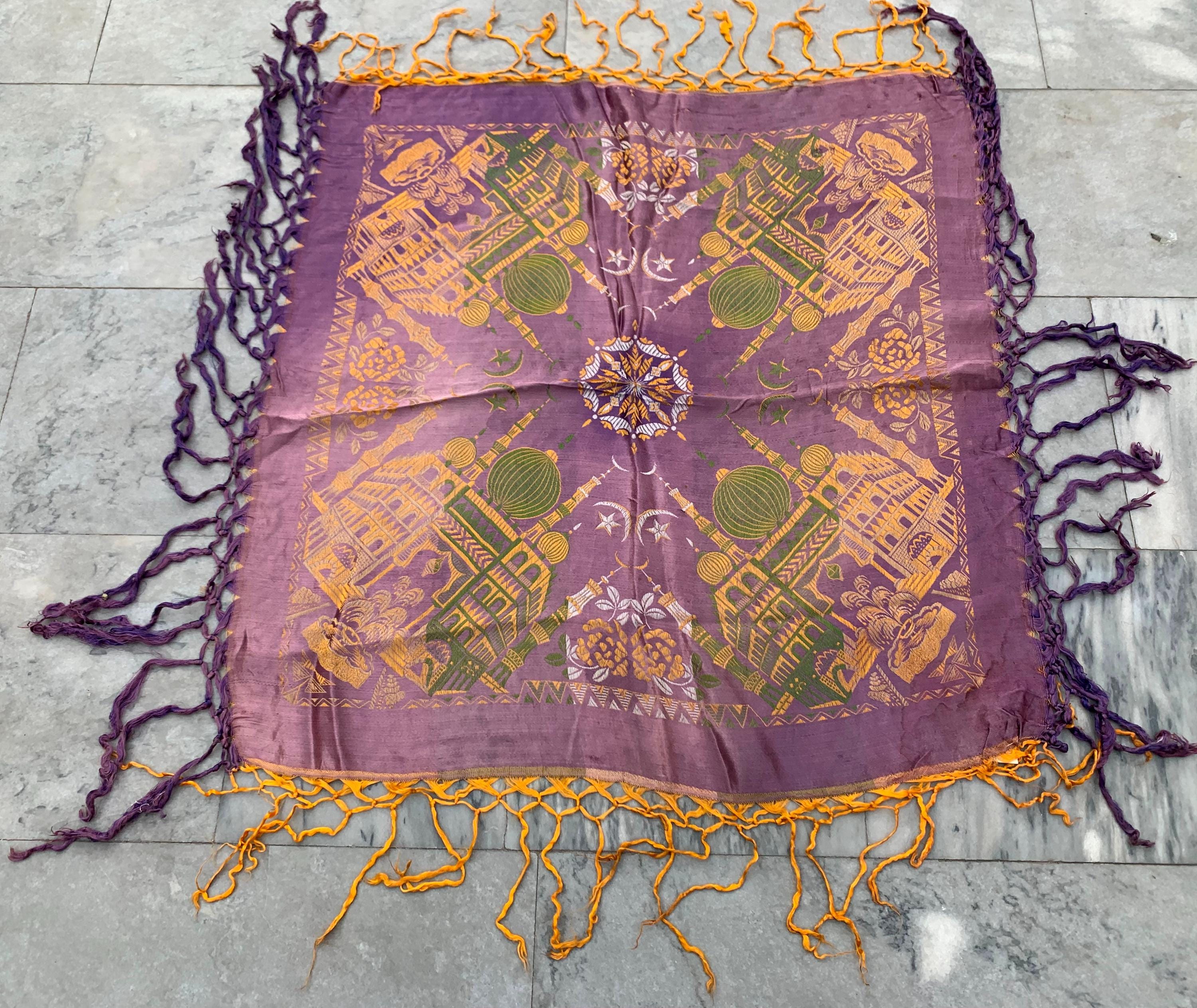 Vintage Piano Scarf, Silk Scarf, Manila Scarf, Woman Accessories, Taj Mehal Shawl, Tablecloth Textile, Wall Hanging Textile, 85 x 77 cm