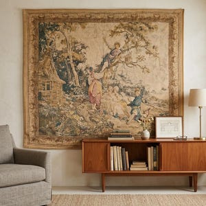 Large Vintage French Tapestry 6x6 ft Village Scene Wall Hanging, Rustic Home Decor, European Art Textile, Farmhouse Wall Decor