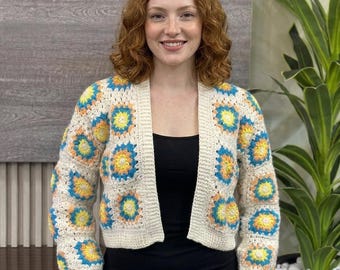 Womens Chunky White Crochet Cardigan Sweater Handmade Boho Floral Knitted Cropped Sweater