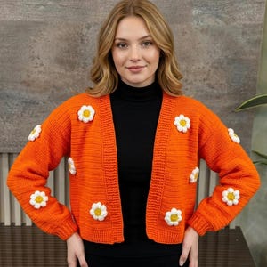 Women Handmade Crochet Cardigan Orange Cardigan Sweater, Sunflower Floral Sweater Festival Outfit