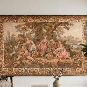 Large French Tapestry Wall Hanging 5x7 ft Vintage Royal Palace Scene Elegant Antique Style Decor Classic European Home Art