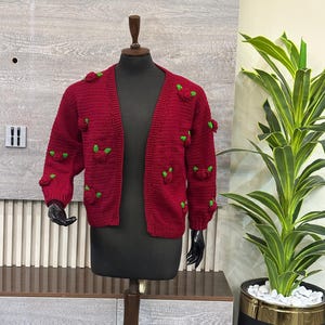 Long Sleeves Cardigan Sweater, Maroon Crochet Cardigan, Floral Sweater, Handmade Cardigan, Knitted Jacket, Cropped Cardigan, Custom Orders,