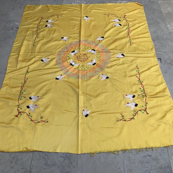 5x6 Vintage Chinese Tablecloth, Silk Tablecloth, Colorful Table Cover, Birds Tablecloth, Chinese Textile, Tapestry Wall Hanging 173 x 136 cm