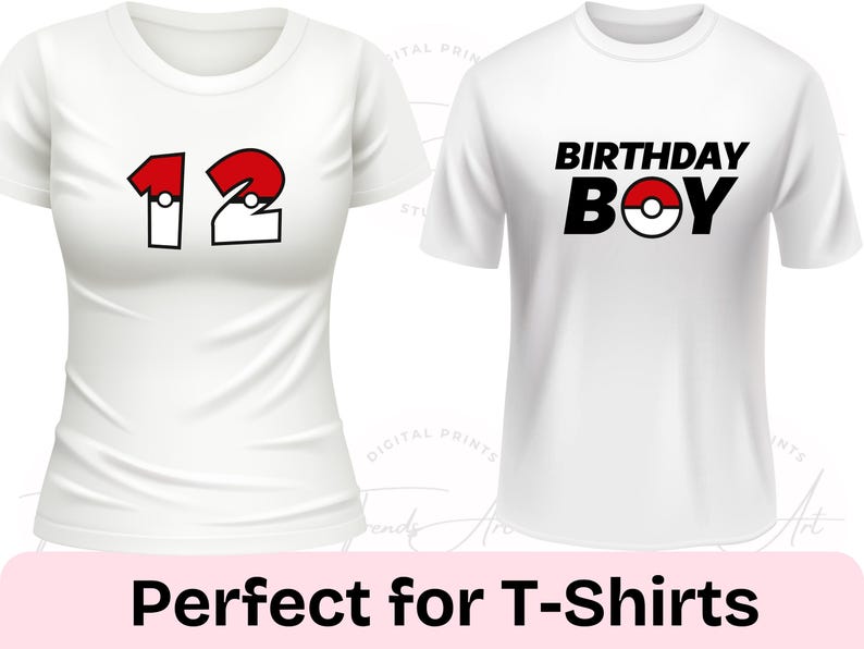 May include: Two white t-shirts with a black and red graphic design. One shirt has the number 12 with a red Pokeball design. The other shirt says "Birthday Boy" with a red Pokeball design.