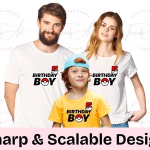 May include: Three white t-shirts with a red and black graphic design featuring a Pokemon character and the text "Birthday Boy". The graphic design includes a number "5" and a Pokeball.