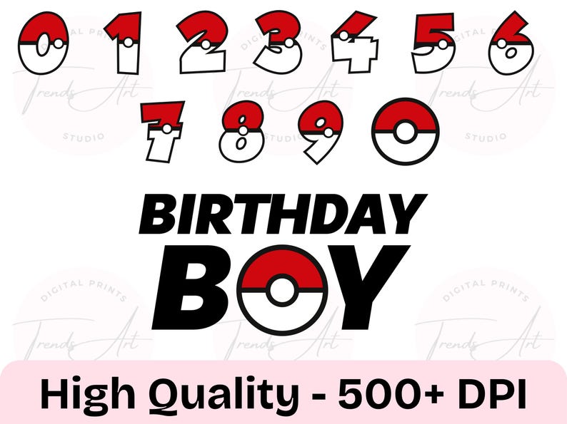 May include: Red and white numbers 0-9 with a Pokeball design. The numbers are outlined in black. The text "Birthday Boy" is in black with a large Pokeball design in the center. The text "High Quality - 500+ DPI" is at the bottom of the image.
