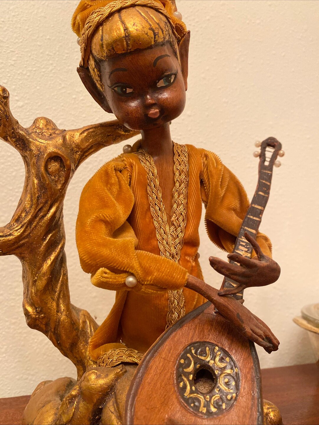 Vintage Mid Century Pixie Elf Wood Sculpture Playing Instrument ...