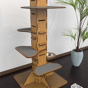 May include: A wooden cat tree with multiple platforms and a scratching post. The tree has a gray fabric covering on the platforms and a bowl for food or water. The tree is standing on a wooden floor.