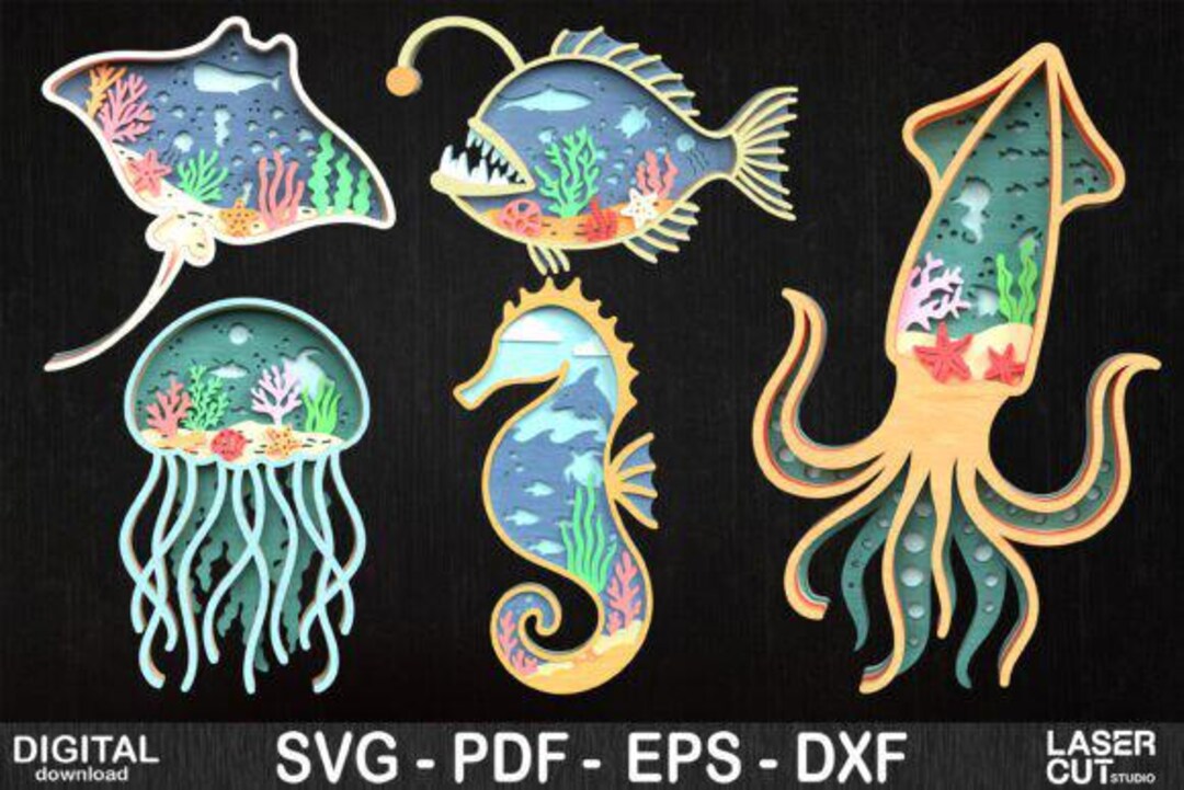 3D Ocean Animals Layered SVG Bundle | Sea Creatures Laser Cut Files ...