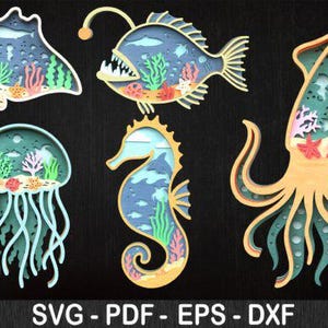 3D Ocean Animals Layered SVG Bundle | Sea Creatures Laser Cut Files | Ocean Theme Wall Art | Digital Download for Cricut & Glowforge