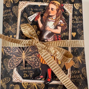 gothic Alice in Wonderland rainfall scrapbook, pocket sized mini album, curious and curiouser,