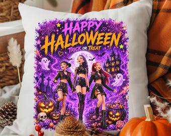 Kpop Demon Hunters Happy Halloween PNG, grafica spettrale di un gruppo femminile Kpop per Halloween, download immediato