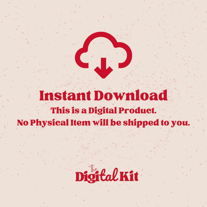 Puede incluir: Gr&aacute;fico de producto digital sobre un fondo rojo claro moteado. Un icono de nube roja con una flecha hacia abajo est&aacute; en la parte superior. El texto dice "Descarga instant&aacute;nea", "Este es un producto digital" y "No se le enviar&aacute; ning&uacute;n art&iacute;culo f&iacute;sico."