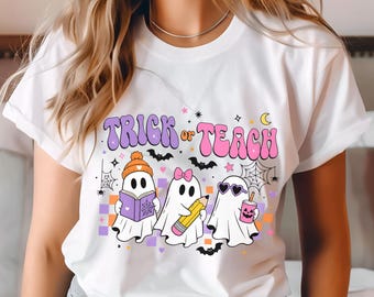 Dolcetto o scherzetto PNG / Design carino per maglietta da insegnante di Halloween / Grafica aula fantasma / Download per sublimazione Cricut