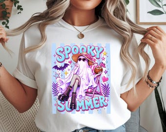 Immagine PNG di un'estate spettrale / Design per maglietta vacanze estive con fantasmi / Simpatico fantasma di Halloween sulla spiaggia per sublimazione / Download immediato