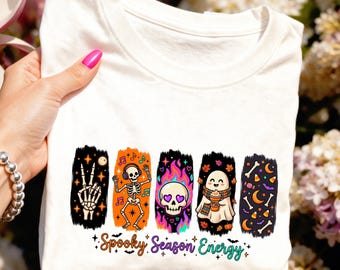PNG "Spooky Season Energy" / Design retrò per maglietta di Halloween / Grafica di zucca fantasma, scheletro e simpatico / Download per sublimazione