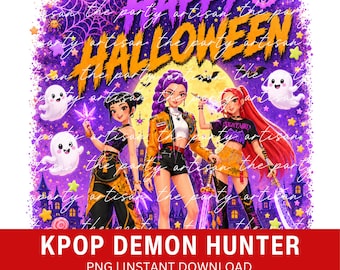 Kpop Demon Hunters Happy Halloween PNG, Grafica di ragazze Kpop carine e spettrali, Design per sublimazione di Halloween