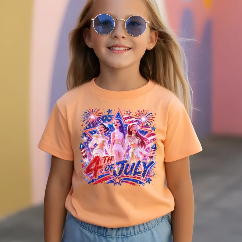 Puede incluir: Una camiseta color melocot&oacute;n con un dise&ntilde;o gr&aacute;fico para el 4 de julio. El dise&ntilde;o incluye tres figuras, fuegos artificiales, estrellas y el texto "4th of July" en rojo y azul. La camiseta la lleva una persona joven con gafas de sol azules.
