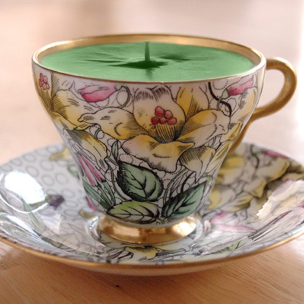 Teacup Candle - Vintage Taylor and Kent Unique Bold Floral Design Fine English Bone China Soy Wax Tea Cup Candle - your choice scent