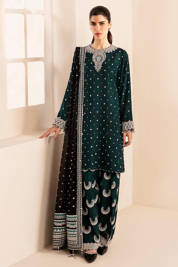 green silk dresses pakistani Bottle Green Pakistani Dress with Embroidery Online 2022 LARGE main image 1