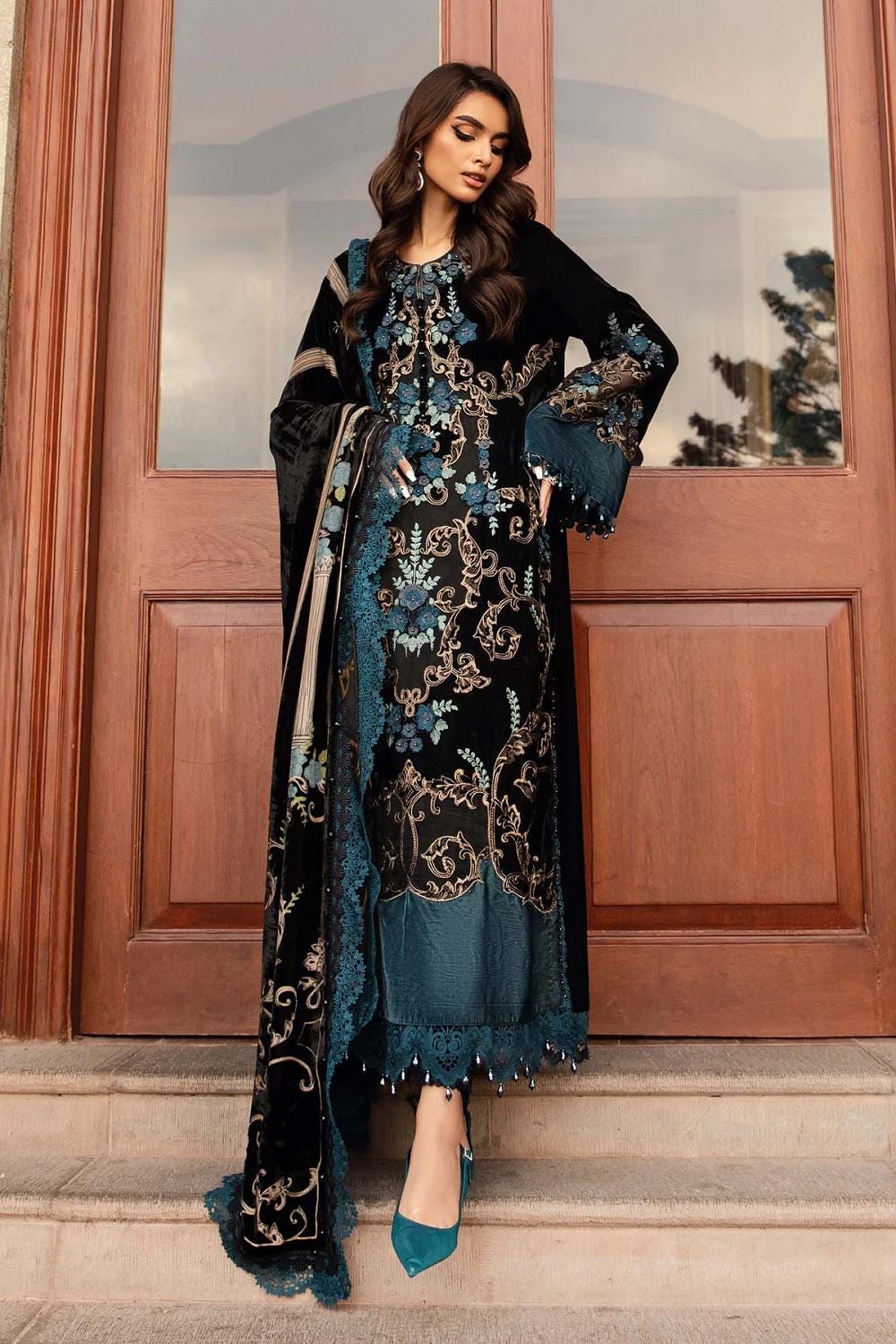 formal dresses with velvet shawl