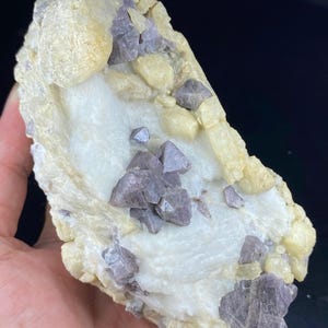 Op de afbeelding: Een ruw mineraal exemplaar met een cluster van doorschijnende, lichtpaarse, geometrische kristallen ingebed in een matrix van ondoorzichtig, crèmewit en lichtgeel gesteente. De kristalstructuur vertoont overal scherpe, hoekige facetten.