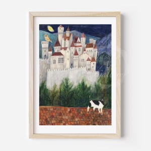 Wall art of Puss in Boots image ｜Art print of castle and cat｜printable wall art｜watercolor pencil｜digital print of Puss in Boots